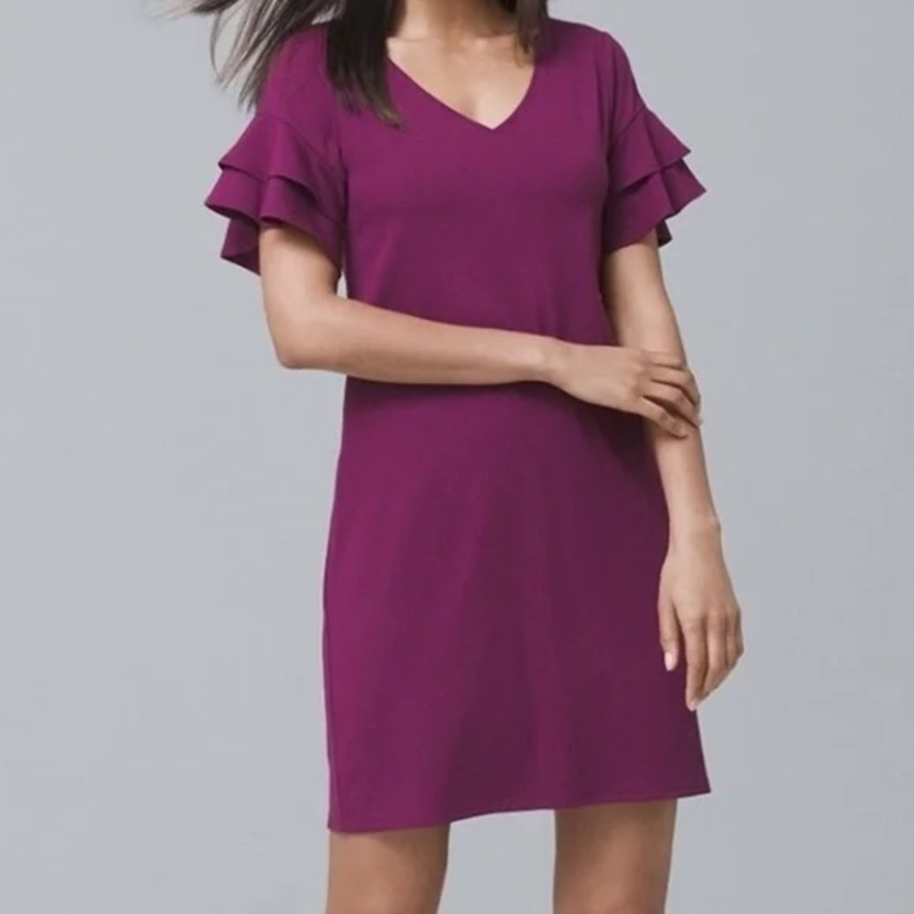 White House Black Market Plum Ruffle Sleeve Dress Elegant Chic Size M